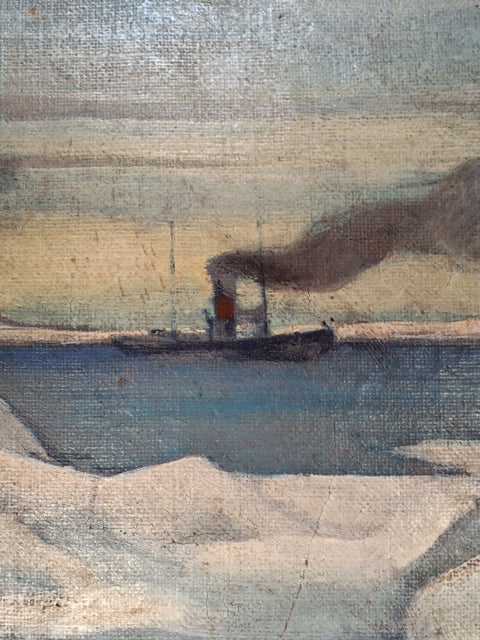 Maleri: dampskib i ishav